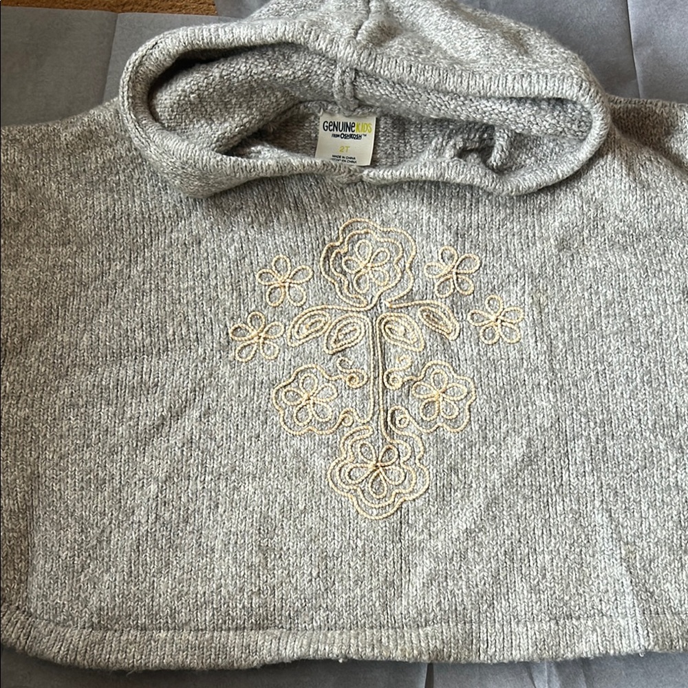 Genuine Gray Hooded Poncho with Gold Embroidery